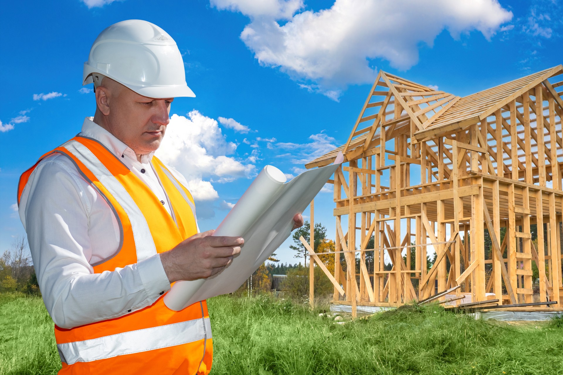 Architect among green grass. Architect studies place for construction. Man architect in construction uniform. Architectural worker. Building design process concept. Inspection land under building