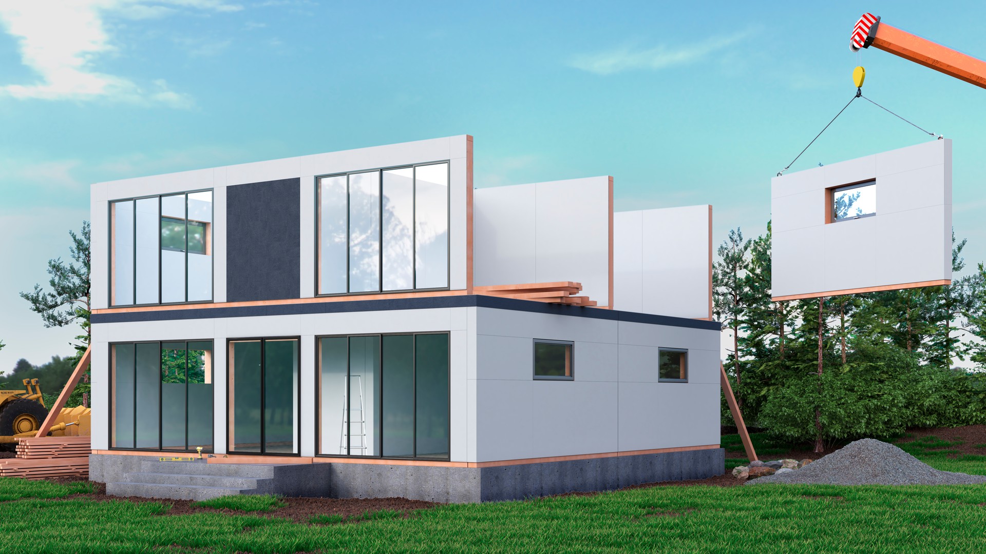 Process of construction modern modular house from composite sip panels. 3d illustration