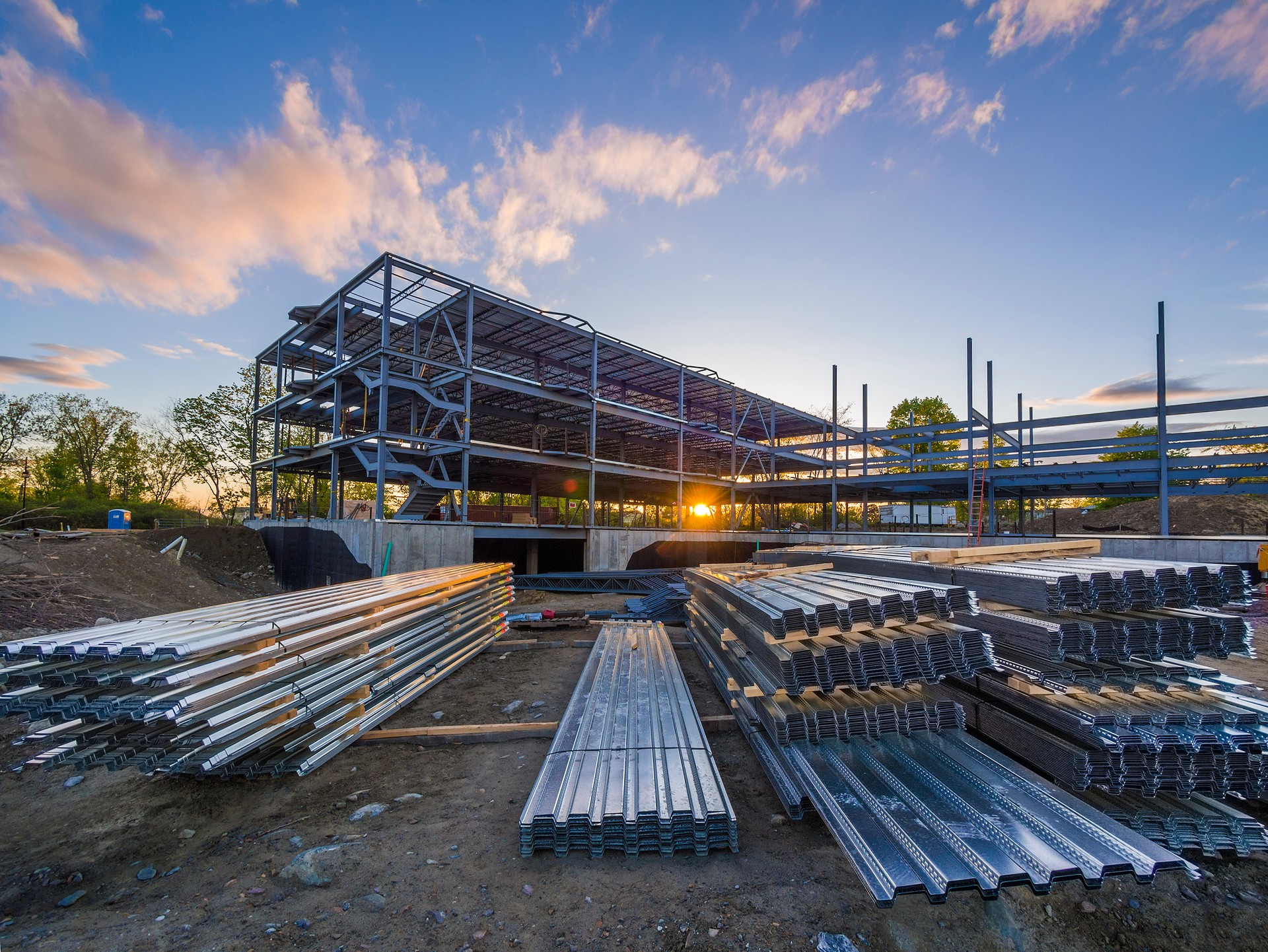 Construction site of a building with supplies