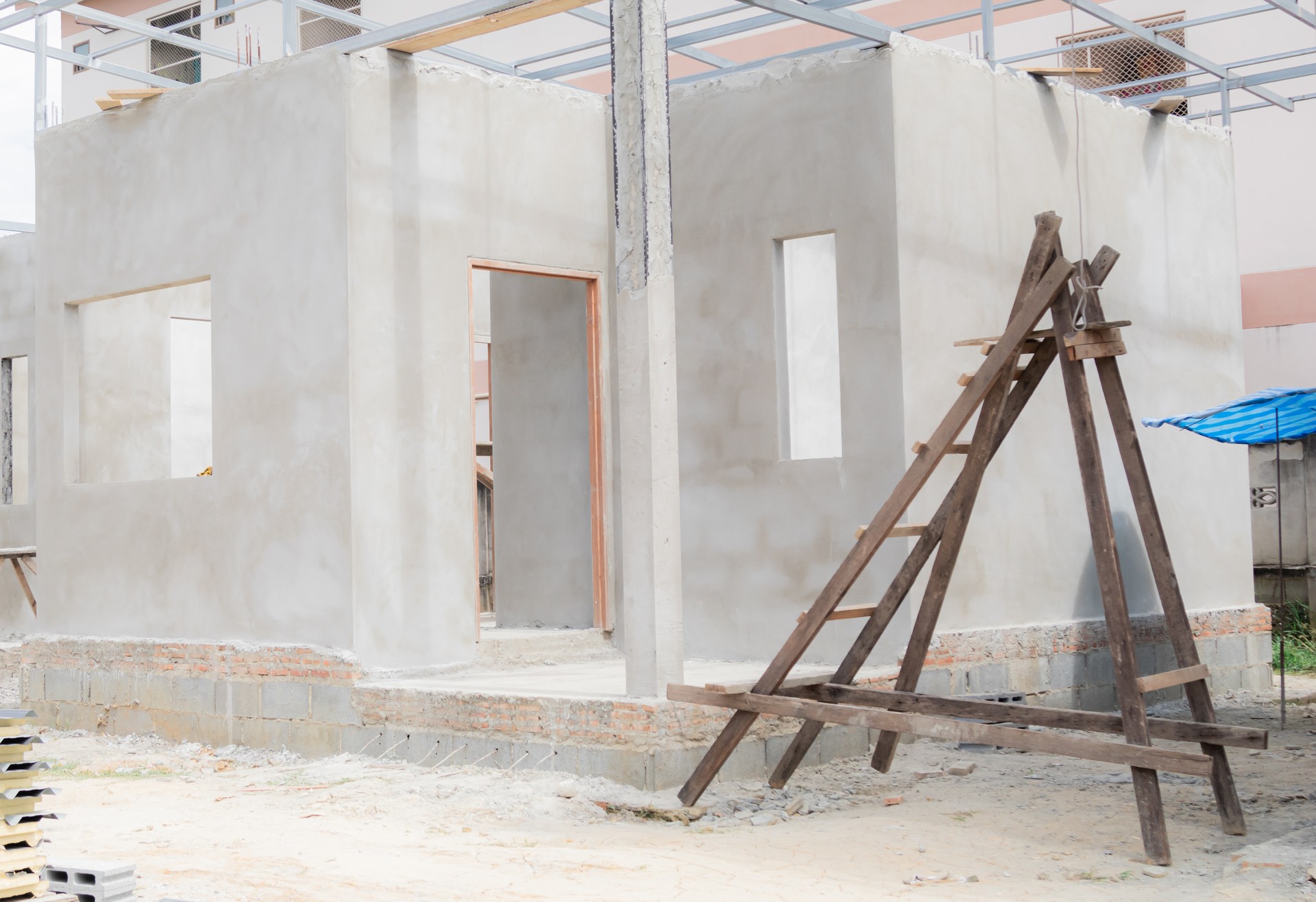 Background construction site small business property unfinished wooden ladder, unsuccess financial loan payment from bank, bankruptcy leaving townhouse living project, failure investment concept